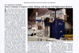 New Equipment Spotlight: Hydro Continues to Improve Inline Melting with Hycast I-60 Siphon Inert Reactor