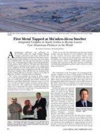 First Metal Tapped at Ma'aden-Alcoa Smelter: Integrated Complex in Saudi Arabia to Become Lowest Cost Aluminum Producer in the World